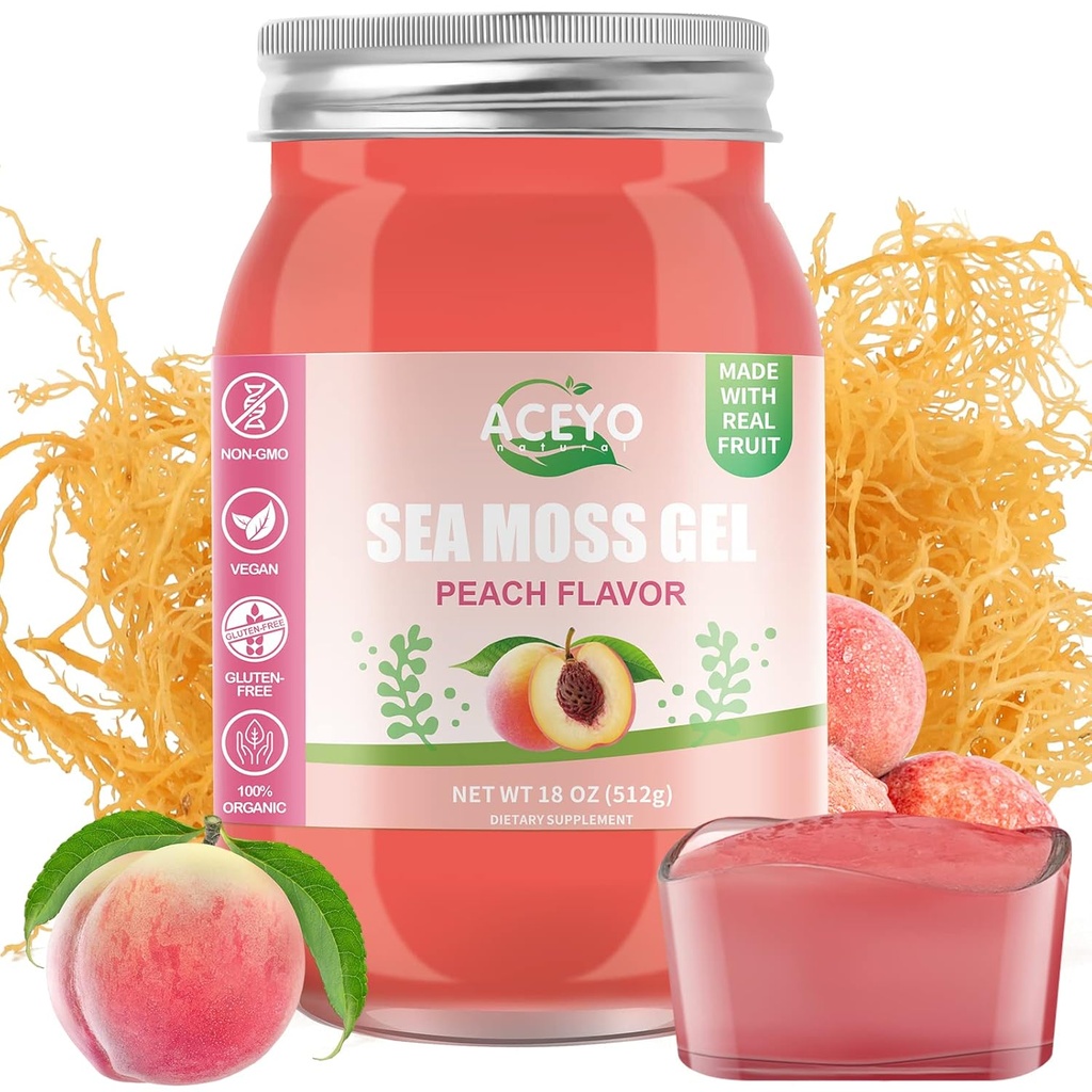 ACEYO (18 OZ) Irsk sjø Moss Gel Organic Raw Vegansk Peach Flavor 102 vitaminer og mineraler Wild Harvested Ikke-GMO Immun Defense Booster Thyroid Digestiv støtte