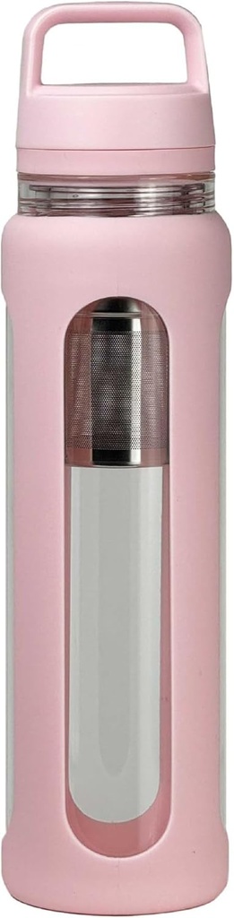 20oz Glass vannflaske med silikon erme, 600ml krus med 2 Tier Lid (Wide Munn og liten munn rett drikking) med te leak flaske - Gym Yoga Utendørsaktiviteter (Pink)