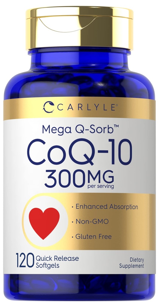 Carlyle CoQ10 300 mg | 120 Softgels | Mega Q-Sorb Coenzym Q-10 | med svart pepper ekstrakt | Ikke-GMO, Glutenfri Supplement