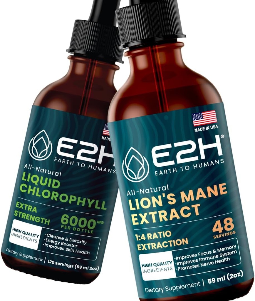 E2H: Flytende klorofyll og Lion's Mane Mushroom | Vegan, ikke-GMO - 2 Fl Oz Hver (4 Fl Oz Total) - Bundle