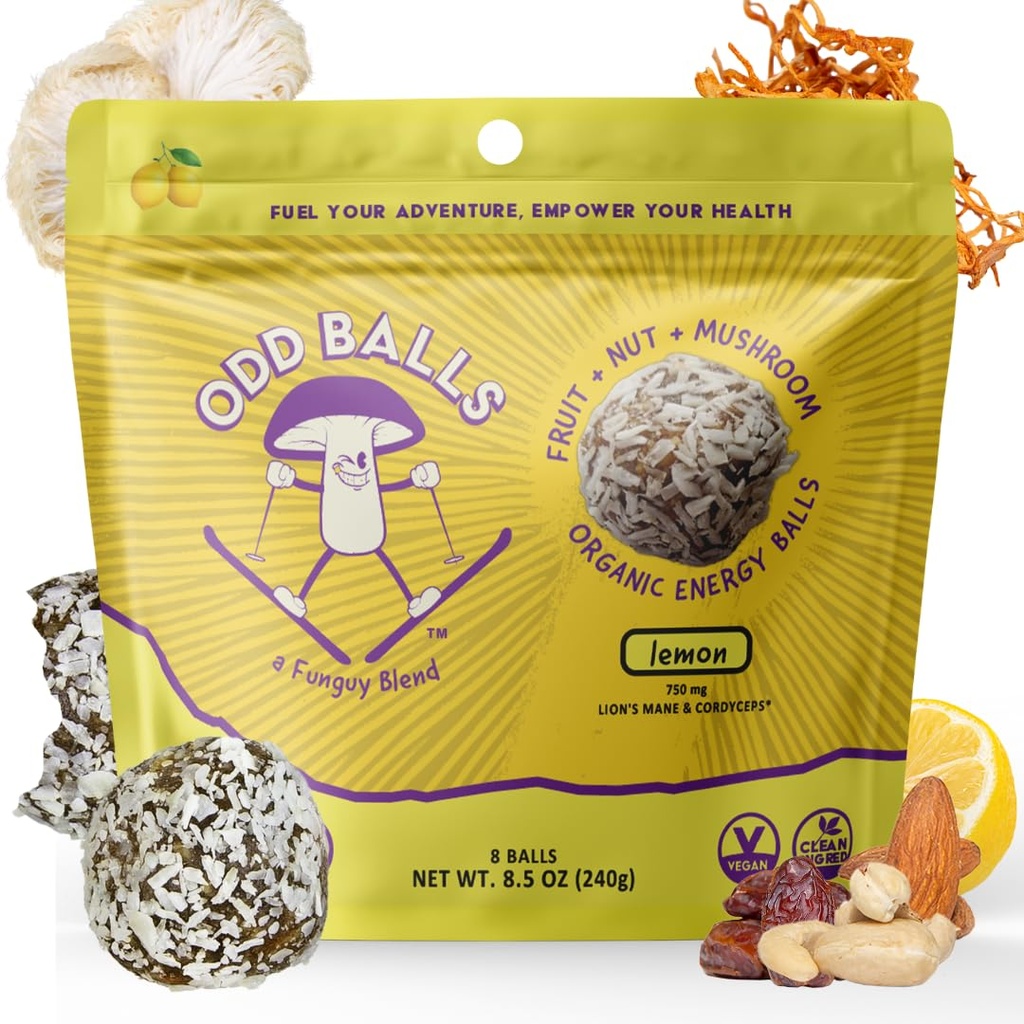 ODD BALLS Organic Energy Balls Lemon - Superfood Mushroom Snack - Løp, Sykling, Fotturer - Gels, Bars Alternativ - Lion's Mane Focus, Cordyceps Energi - Vegansk, Glutenfri Snacks for barn og voksne