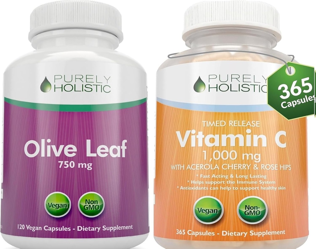 Rent Holistic Olive Leaf Extract 750 mg + vitamin C 1000mg 2 stadium release Bundle - 485 Vegan Capsules - laget i USA