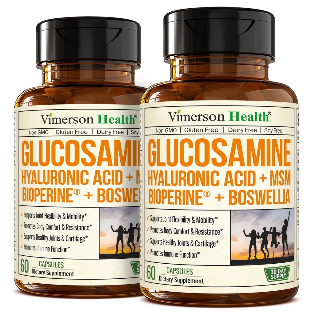Glukosaminsulfat med hyaluronsyre, Boswellia, Black Pepper & MSM Supplement – 5-i-1 Joint Supplements for menn og kvinner – Felles helse, mobilitet og bein styrke – FSA kvalifisert 2 Pack