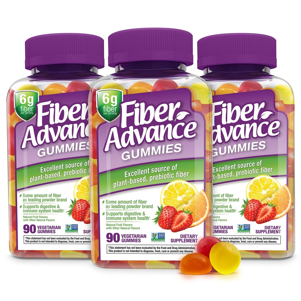 Fiber Advance Gummies 100% Plant Basert Fiber Supplement for Digestive Helse | Chicory Root Inulin Prebiotic Gummies for voksne | Glutenfri, vegetarisk, og ikke-GMO (Pack of 3)