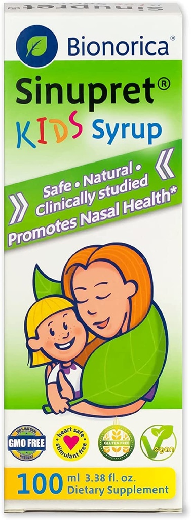 Bionorica Sinupret Kids Sinus & Immune Syrup Respiratory & Immunity Boost Naturlig, Raskvirkende Herbal støtte med Verbena & eldre blomst - Cherry Flavor - 3.38 oz