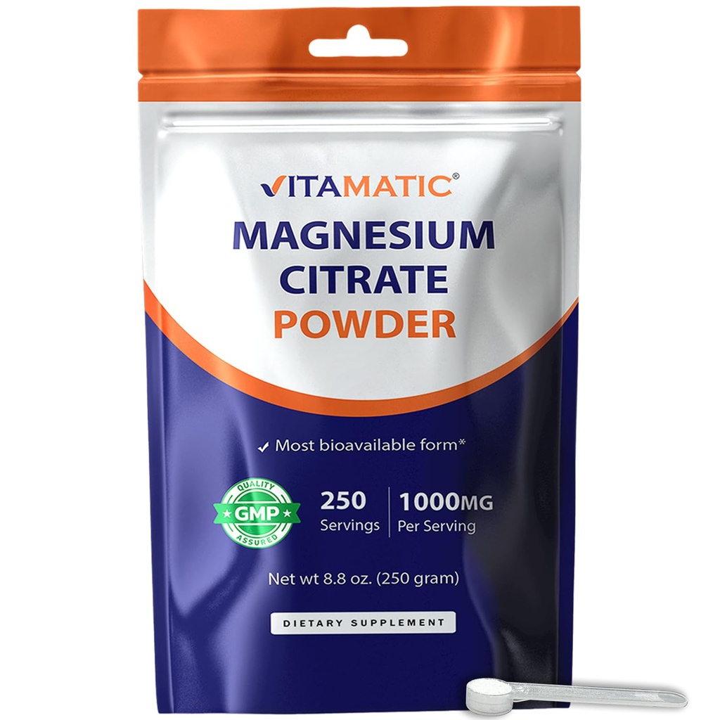 Vitamatisk magnesiumcitrat 1000mg per servering støtter muskel, ledd og hjerte helse 250 gram - 250 serveringer