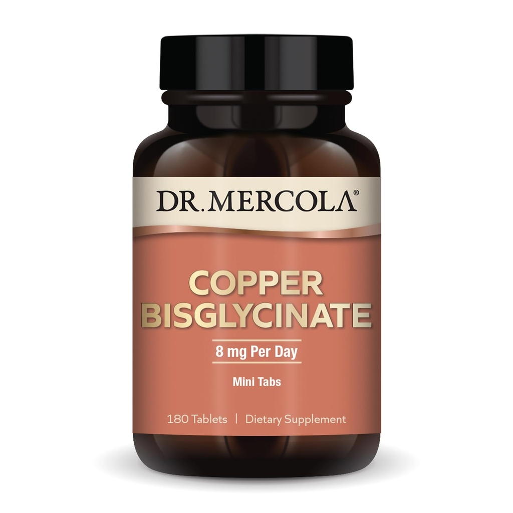 Dr. Mercola kobber bisglycinate, 90 serveringer (180 tabletter), kosttilskudd, 8 mg per dag, Mini-faner, Støtter generell helse, ikke GMO