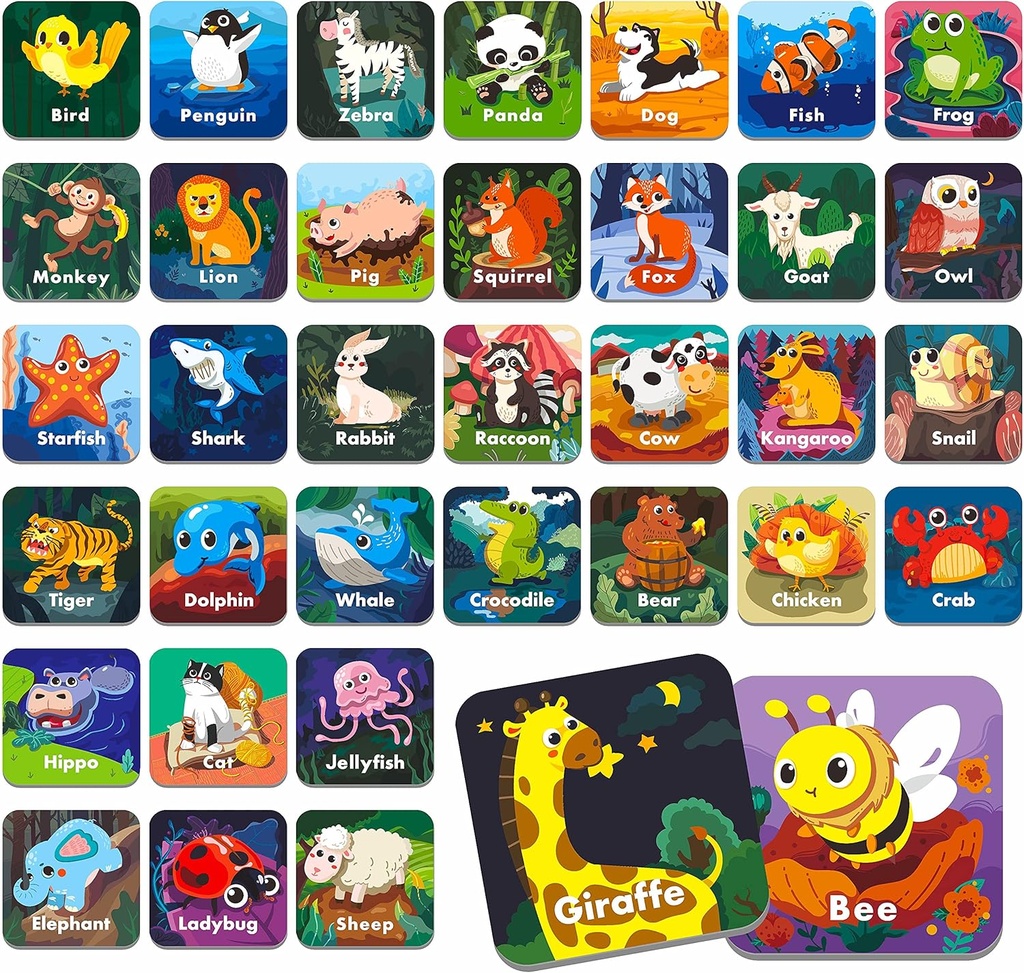 Hebayy 36 Pair Animal Matching Memory Game Flash Cards for Toddlers, Forskole, Kinderhagen og Hjem. Slettbar, Fun & Fast, Reisevennlig, Skill Building. Størrelse 2\" x 2\"(5 x 5 cm)