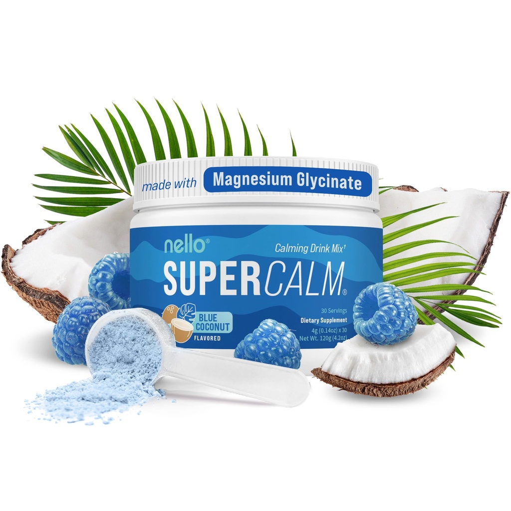 Nello Supercalm pulverisert drikk blanding, blå kokosnøtt, L teanin, Ksm-66 Ashwagandha, Magnesium Glycinat, vitamin D 3, Kosttilskudd for avslapning og fokus, Ingen sukker, ikke GMO, På farten, 30 Srvgs