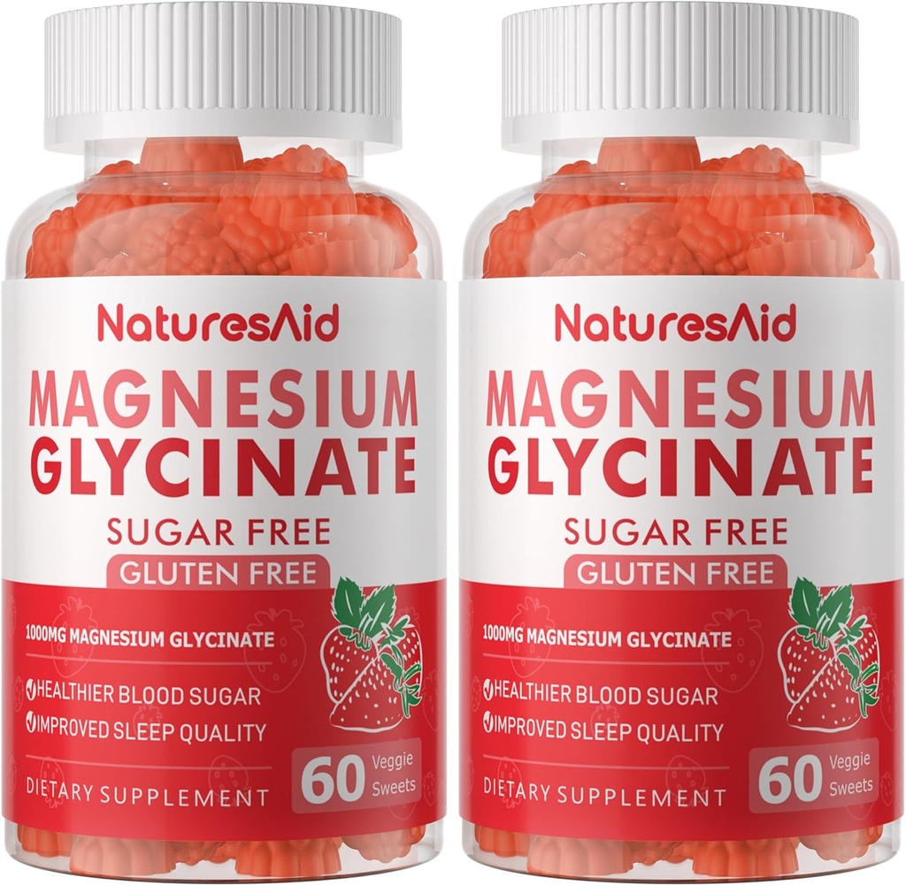 Magnesium Glycinate Gummies 1000mg - Sugar Free Magnesium Kalium Supplement med vitamin D, B6, CoQ10 for rolig Mood og søvn støtte - 120 Jordbær Gummies -2 Pack