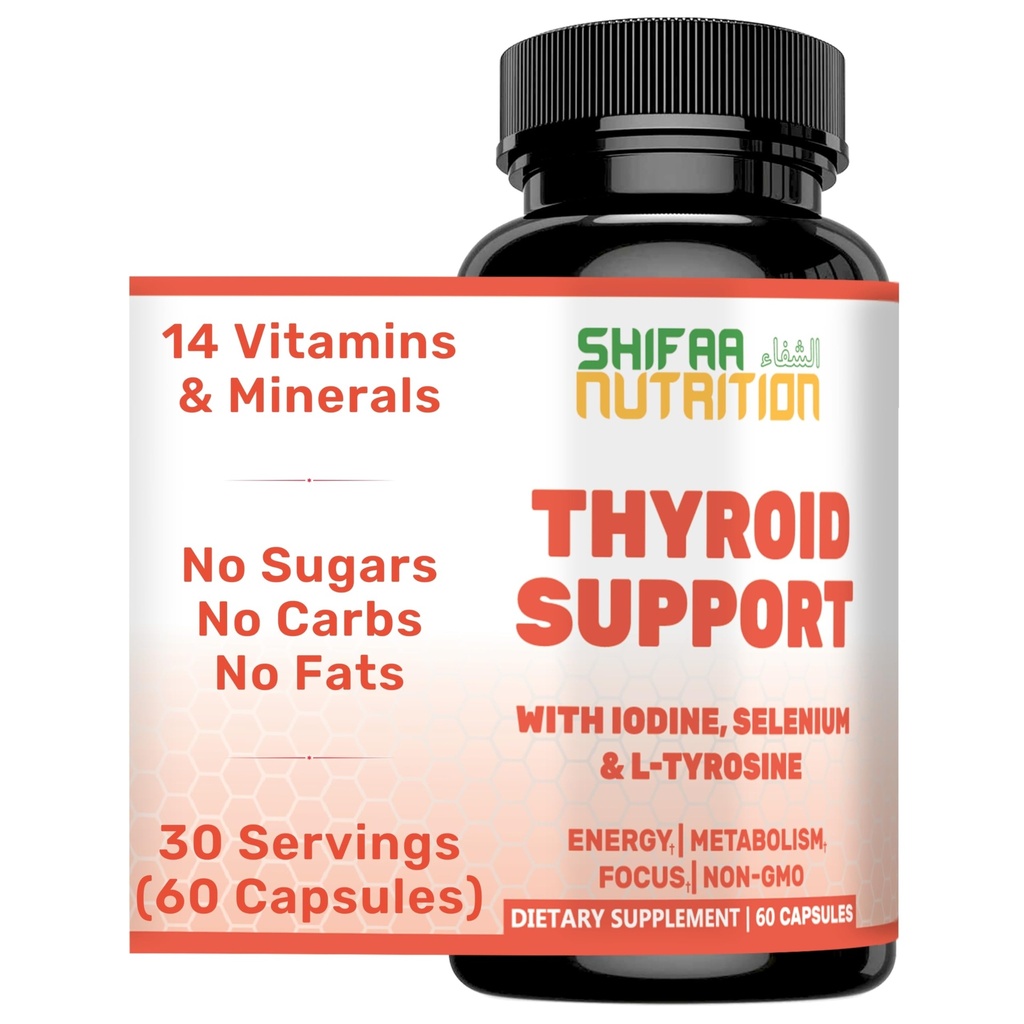 SHIFAA NUTRITION Halal Thyroid Support 30 Serverer | Ikke-GMO Relief Supplement m/ B12, jodin, selenium, L-tyrosin | støtter energi, metabolisme, fokus, klarhet, kortisolbalanse