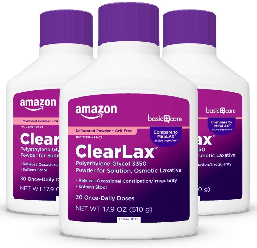 Basic Care ClearLax, Polyetylenglykol 3350 pulver for løsning, osmotisk laxativ, uflavorert, 1,11 pund (pakke av 3)