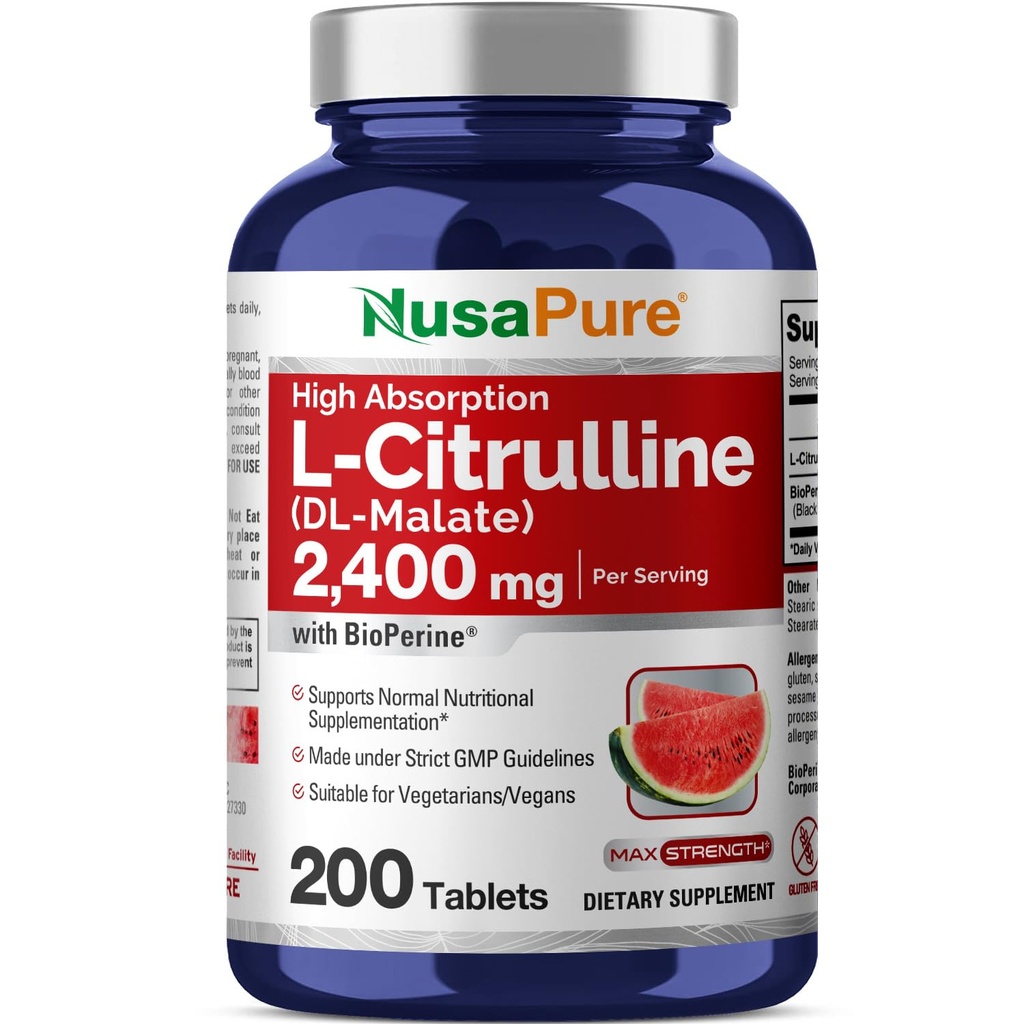 NusaPure L-Citrullin 2.400mg 200 Vegetariske tabletter (Non-GMO, Glutenfri, 100-dagers forsyning, Bioperin)