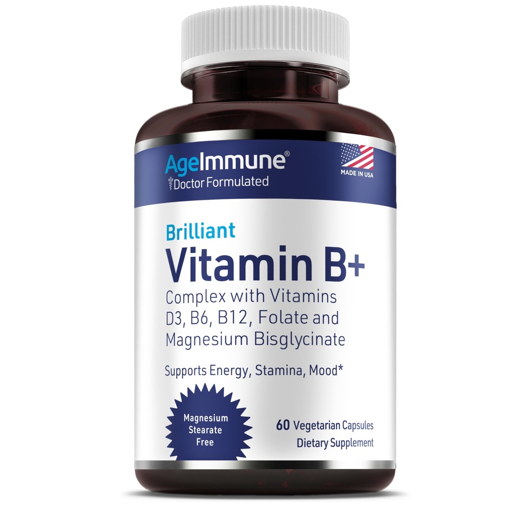 AgeImmune Vitamin B-kompleks med vitamin D3 B12 B6 Magnesium Bisglykinat og folat som metylfolat - Doctor Formulert Metylert B-kompleks Supplement - 60 kapsler - Uten Niacin