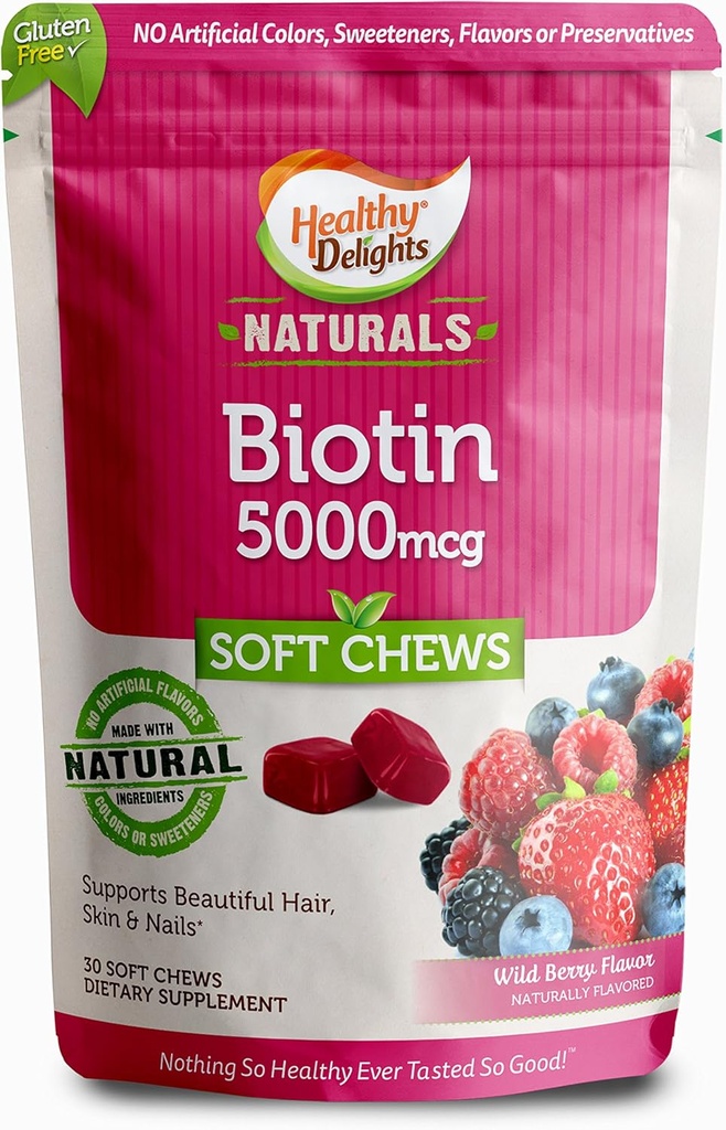 Sunn Delights Naturals, Biotin Mykt Chews, støtter lustigt hår, Glødende hud og sterke negler, Delicious Wild Berry Flavor, 30 greve