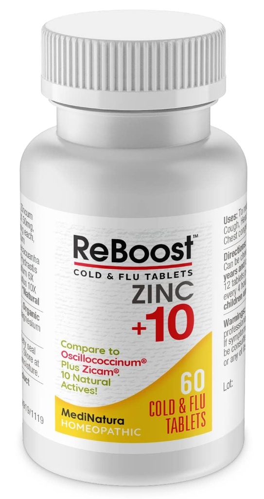 MediNatura ReBoost Zink +10 MAX Cold & Flue Symptom Relief Rask-Aktivering, Ikke-Drowsy Naturlig Soothing Homeopatisk Hjelper Redusere hele kroppen Discomfort, Cough, tretthet, Congestion - Sitron - 60 tabletter