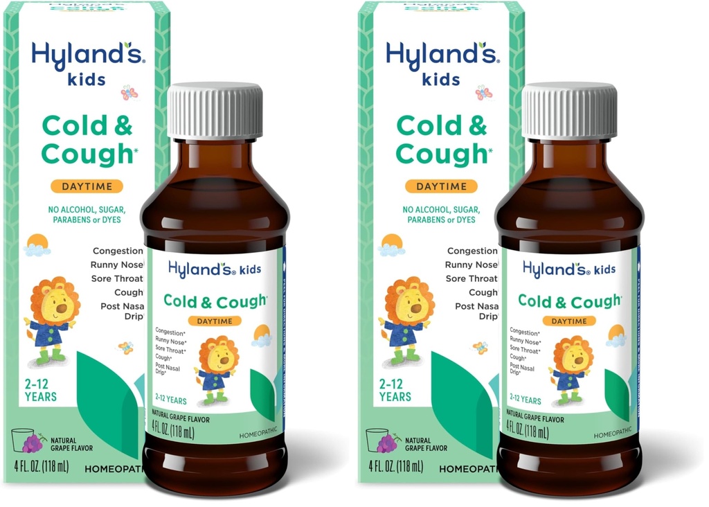 Hylands Naturals Kids Cold & Cough, Daytime Grape Flavor Cough Syrup medisin for barn alder 2+, Decongestant, Sore Throat & Allergy Relief, Naturlig behandling for vanlige kalde symptomer, 4 fl Oz