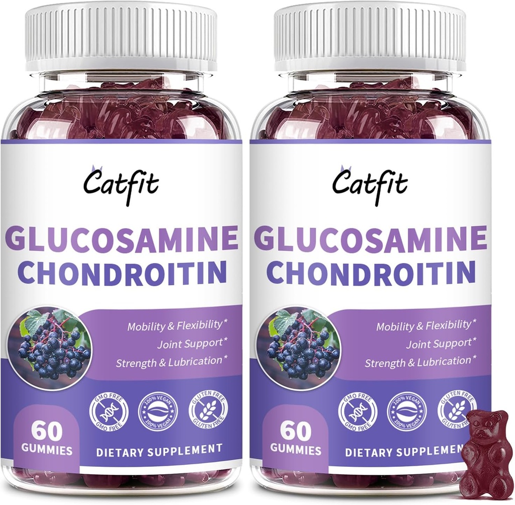 Catfit Glucosamine Chondroitin Gummies, Ekstra styrke felles helse støtte Supplement med MSM & Elderberry, Antioksidant Immune Support Supplement for voksne menn og kvinner (2 Pakke)