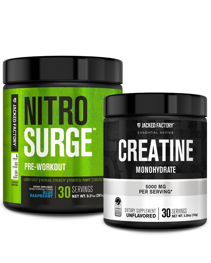 Jacked Factory NITROSURGE Pre Trening Supplement (blå bringebær) Kreatin Monohydrat pulver 150g for muskelvekst, økt styrke, forbedret energi