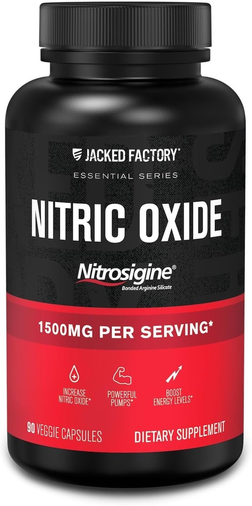 Jacked Factory Essentials Nitric Oxid Booster - Patentert bundet L-Arginine Silicate 1500mg Pre Trening Supplement for muskelvekst, pumper, vaskularitet og energi - 90 Veggie piller