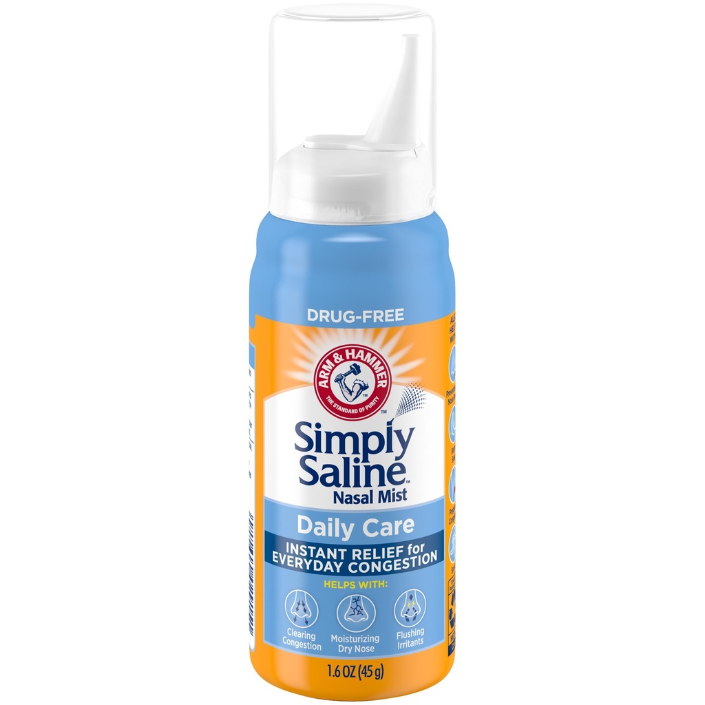 ARM & HAMMER Enkelt Saline Daily Care Nasal Mist, Narkotikafri ikke-Drowsy Saline Spray for Instant Nasal Congestion og Allergi Relief, Bruk så ofte som nødvendig, egnet å bruke hvis gravid, 1.6 oz
