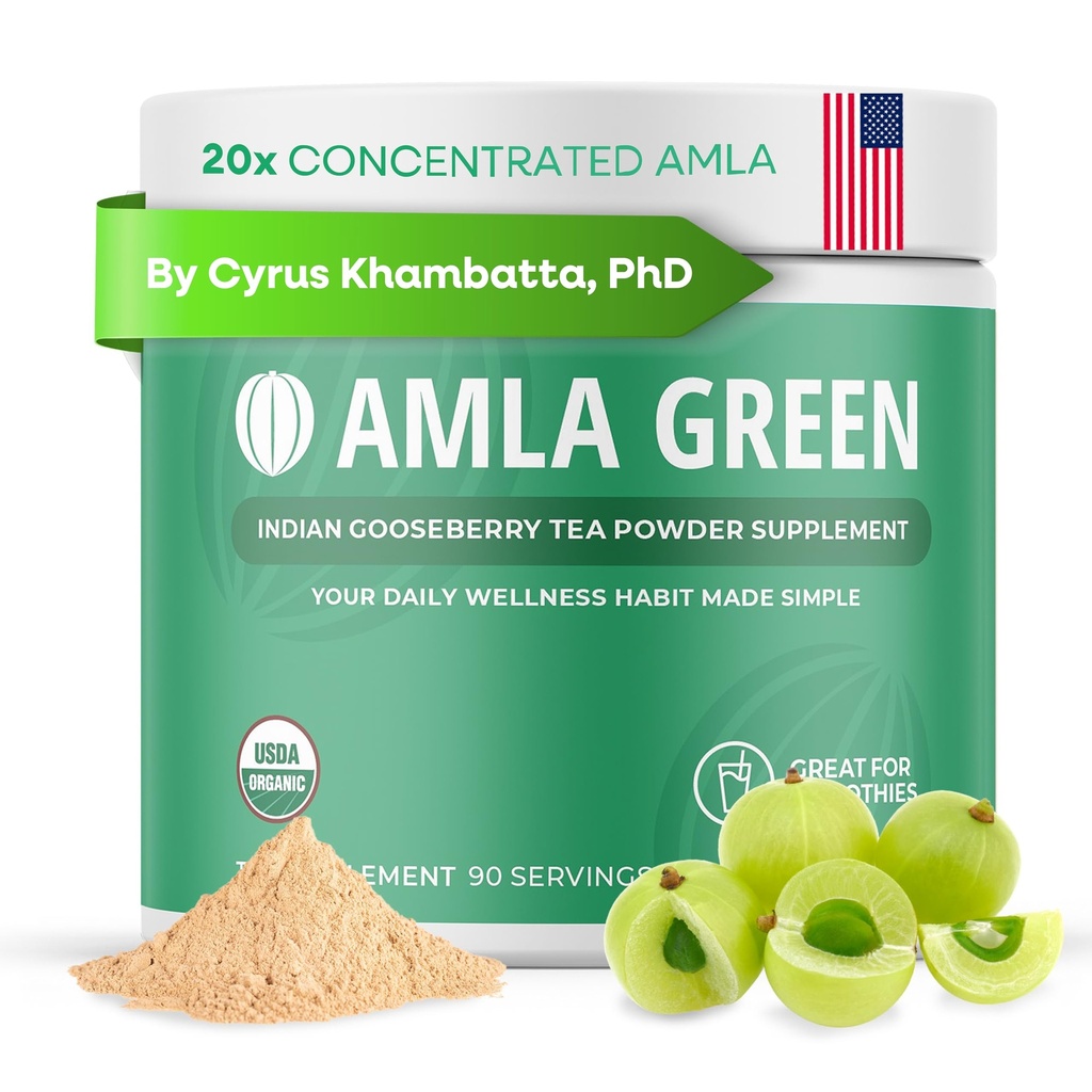 Amla Powder & Grønn Te Superfood Supplement, 20x Ultra Konsentrert Amla, Antioksidant støtte, laget med Oolong Te og Indisk Goosebær, Organisk, Vegansk, Klassisk Flavor, 90 Serveringer
