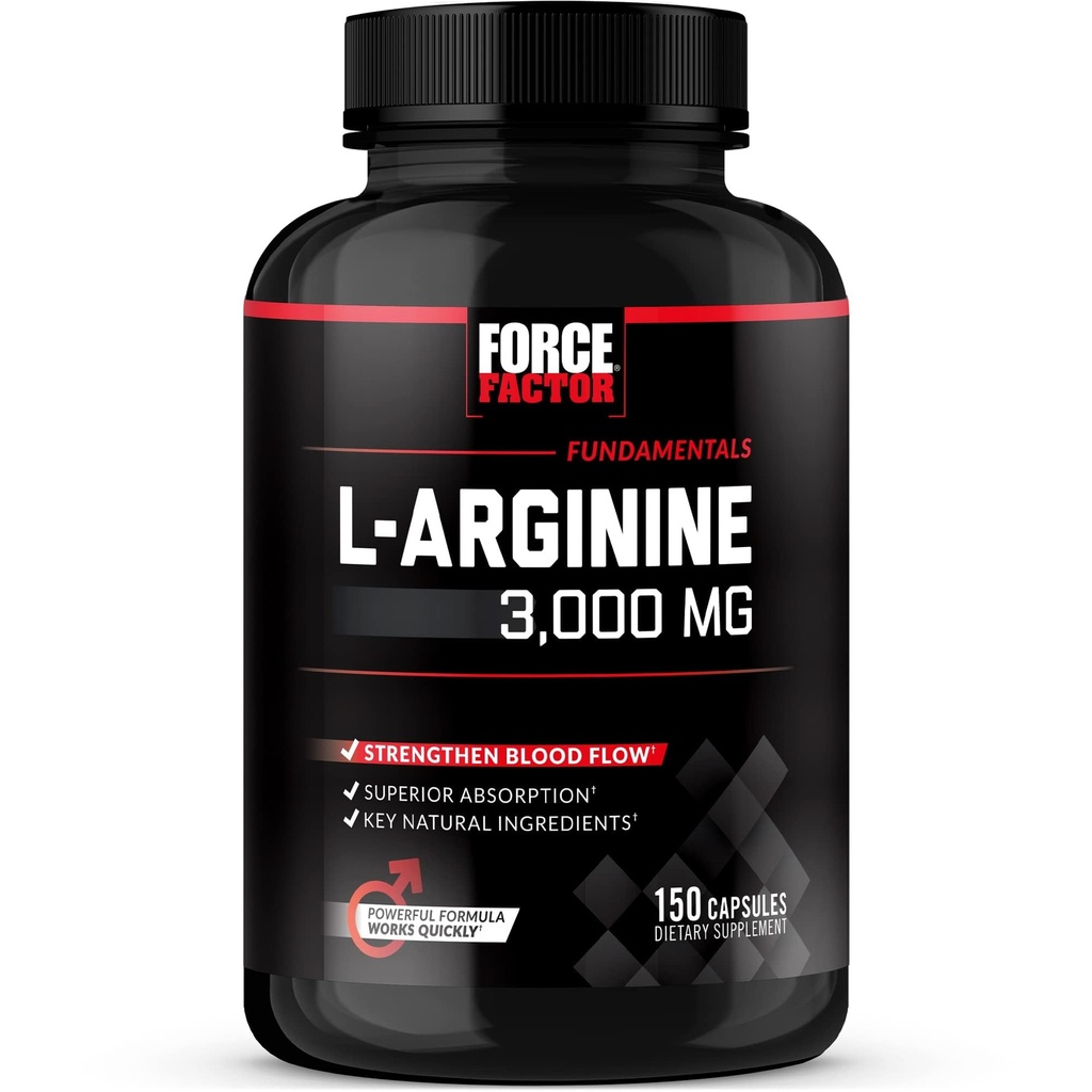 Force Factor L-Arginine Nitric Oxid Supplement med BioPerine for å bidra til å bygge muskler og støtte sterkere blodflyt, sirkulasjon, næringsstoffer og pumper, L-Arginine 3000mg, 3g, 150 kapsler