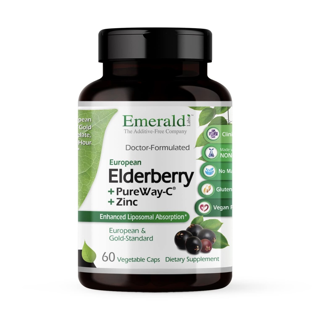 EMERALD LABS Elderbær Plus - Digestiv og immun støtte med europeisk eldrebærekstrakt, Vitamin C som PureWay-C & Albion Chelated sink - Vegan & Glutenfri - 60 Grønnsaker Kapsler (30-dagers forsyning)