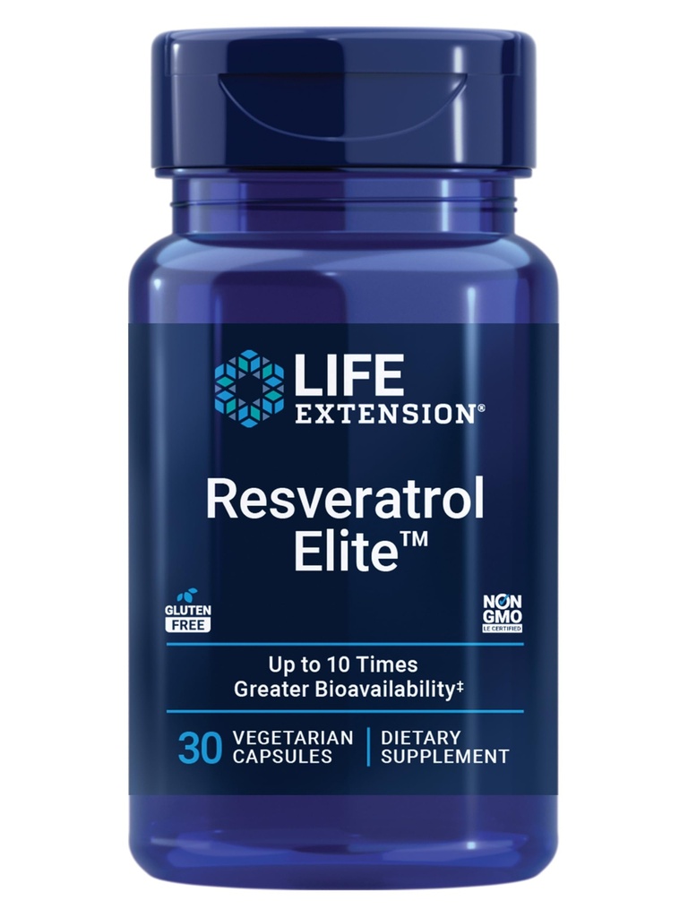 Livsforlengelse Resveratrol Elite, Trans-resveratrol, Sunn aldring, Cardiovaskulær helse, Hjernehelse, oksidativ stress, Glutenfri, Ikke-GMO, Vegetarisk, 30 Kapsler