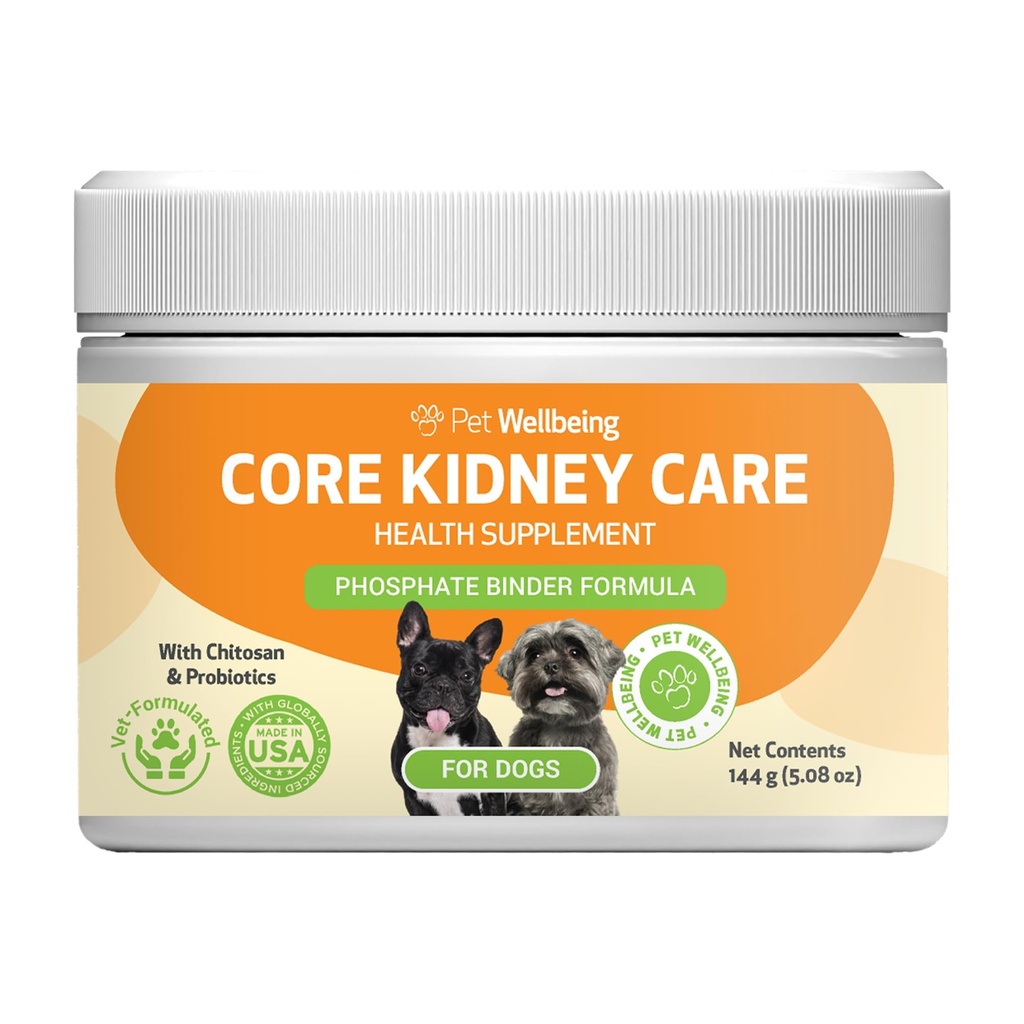 Kjæledyr velvære Core Njure Care for Hunde - Daglig Fosfat Binder, støtter sunn nyrefunksjon med FOS, Chitosan, Probiotika - Veterinærformulert 5.08 oz (144 g) pulver