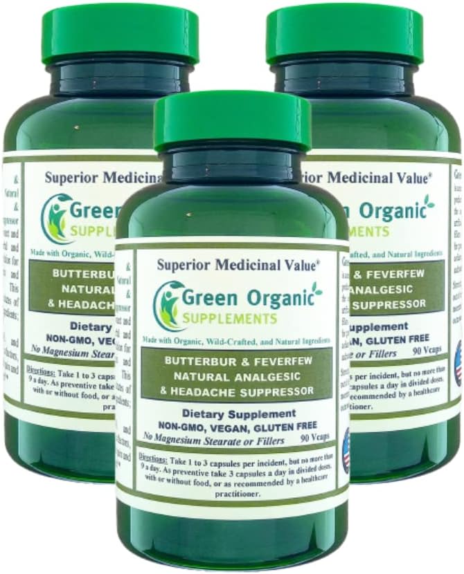 Grønne organiske kosttilskudd Butterbur, Feberfew, Analgesisk, Smertestillende, og hodepine Suppressor, 90 VCaps, høy absorberbar, ikke-GMO, Glutenfri (pakke på 3)
