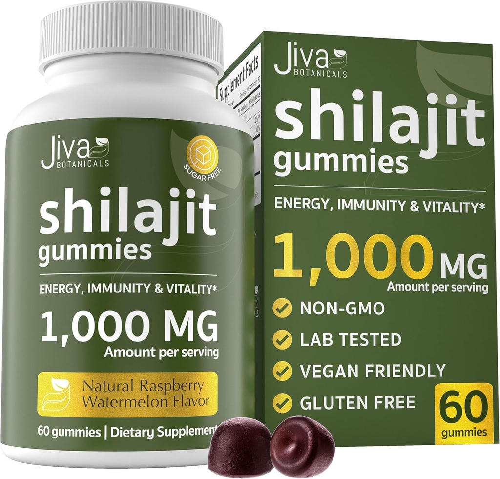 Jiva Botanicals Pure Shilajit fra Himalaya Gummies for menn og kvinner - Shilajit Gummies 1000mg for sunn aldring, immunsystem og normal energistøtte - Sukkerfri, Vegansk, 60 greve (Pack of 1)