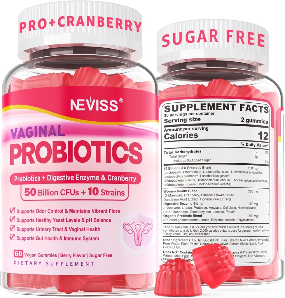 Vaginal probiotika Gummier for kvinner PH Balance, Odor Control med prebiotika, Cranberry, D-Mannose, fremmer feminin sunn Vaginal Flora, Urinal Tract, Yest, Digestiv støtte, Sukkerfri,60Cts