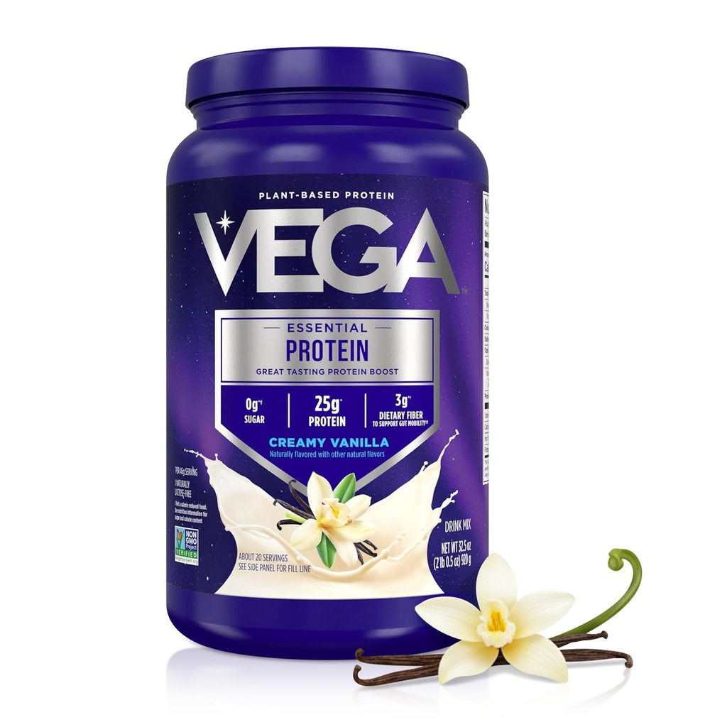 Vega Original Essential Protein - 25g Plant-basert protein, Kremet Vanilla, 20 Serveringer, Vegansk ikke-GMO Drink Mix, Smoothie & Shake Ready, Glutenfri, Dairy Free, 32.5oz (Packing May Vary)
