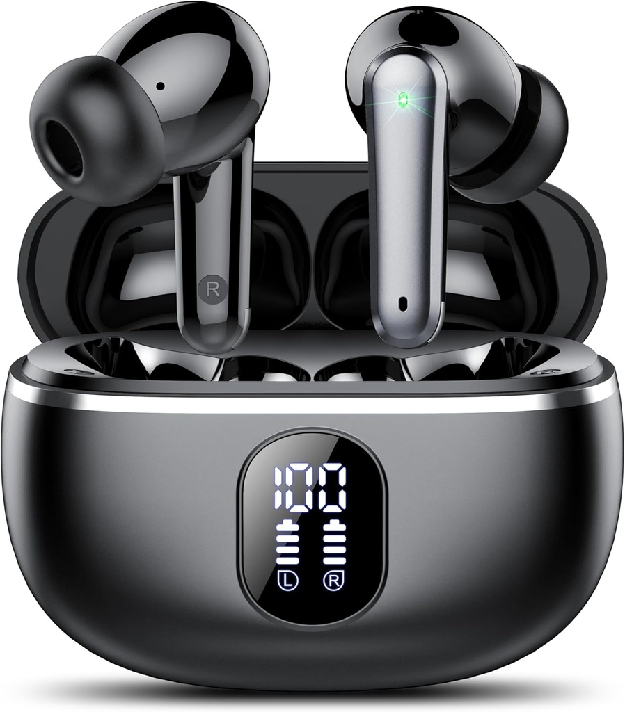 Trådløse ørepropper, Bluetooth 5.3 hodetelefoner Big Bass Stereo, ørepropper med støy som kansellerer Mic LED-skjerm, i øre øretelefoner IP7 vanntett, 50H spilltid for idrett, svart