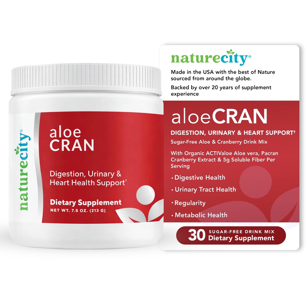 NatureCity AloeCran - Pure Aloe Vera Blend med Cranberry Powder Supplement - Sugar Free Fiber Combo Mix for Digestive og urin helse - Gut & Metabolic Helse Support - 30 dagers forsyning