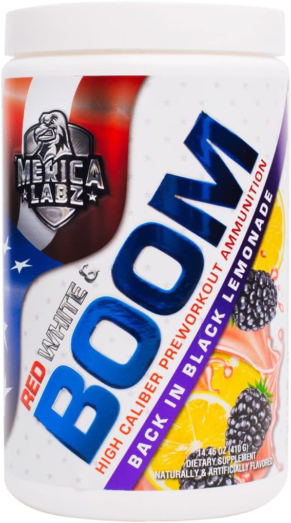'Merica Labz rød, hvit og boom, høy kaliber pre trening med VasoDrive-AP®, 350 mg koffein, Max energi, pumpe og fokus, økt blodflyt og muskelvolum, 20 serveringer (tilbake i svart sitronade)