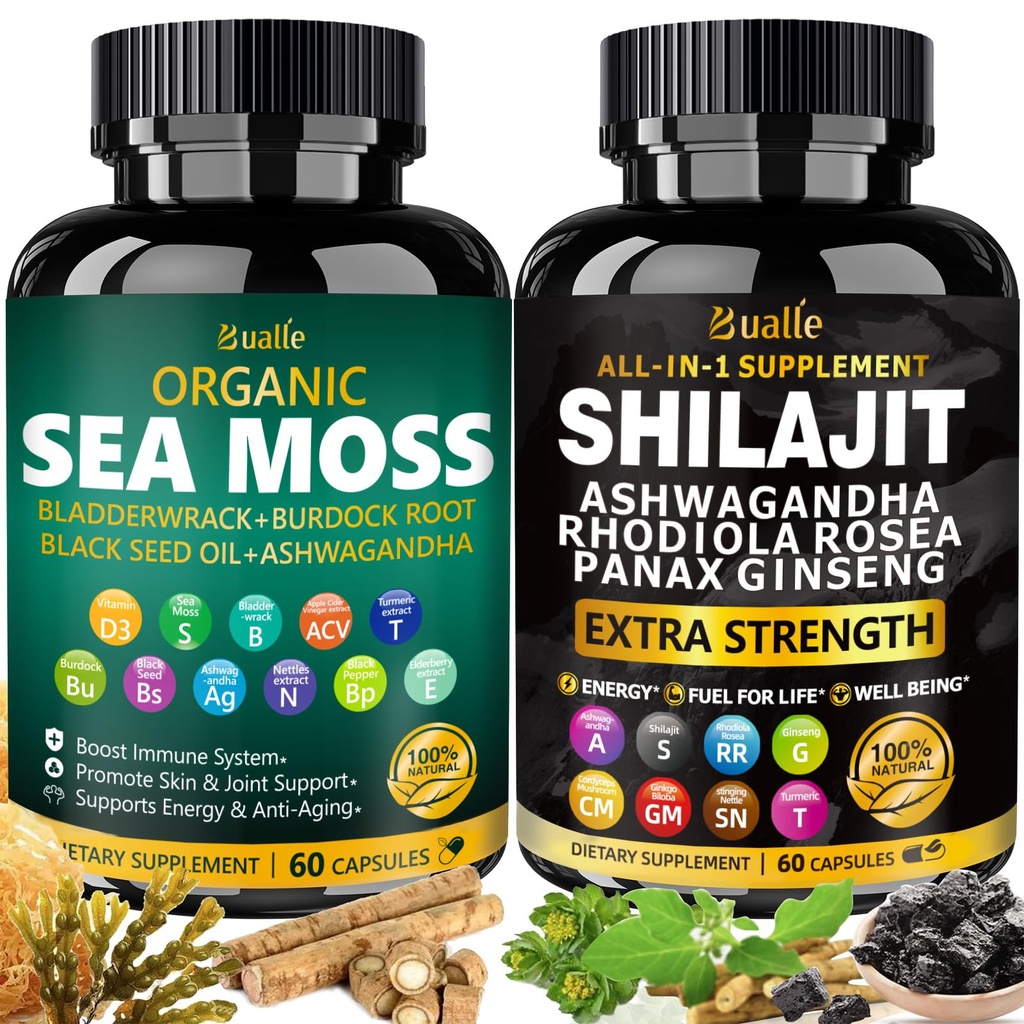 Bulle Sea Moss og Shilajit Bundle-Sea Moss 300mg, Svart Seed Oil 100mg,Ashwagandha 50mg,Ginger & Shilajit 300mg,Rhodiola Rosea 100mg,Panax Ginseng 50mg,All i 1 Kosttilskudd-USA laget(2 Pack)