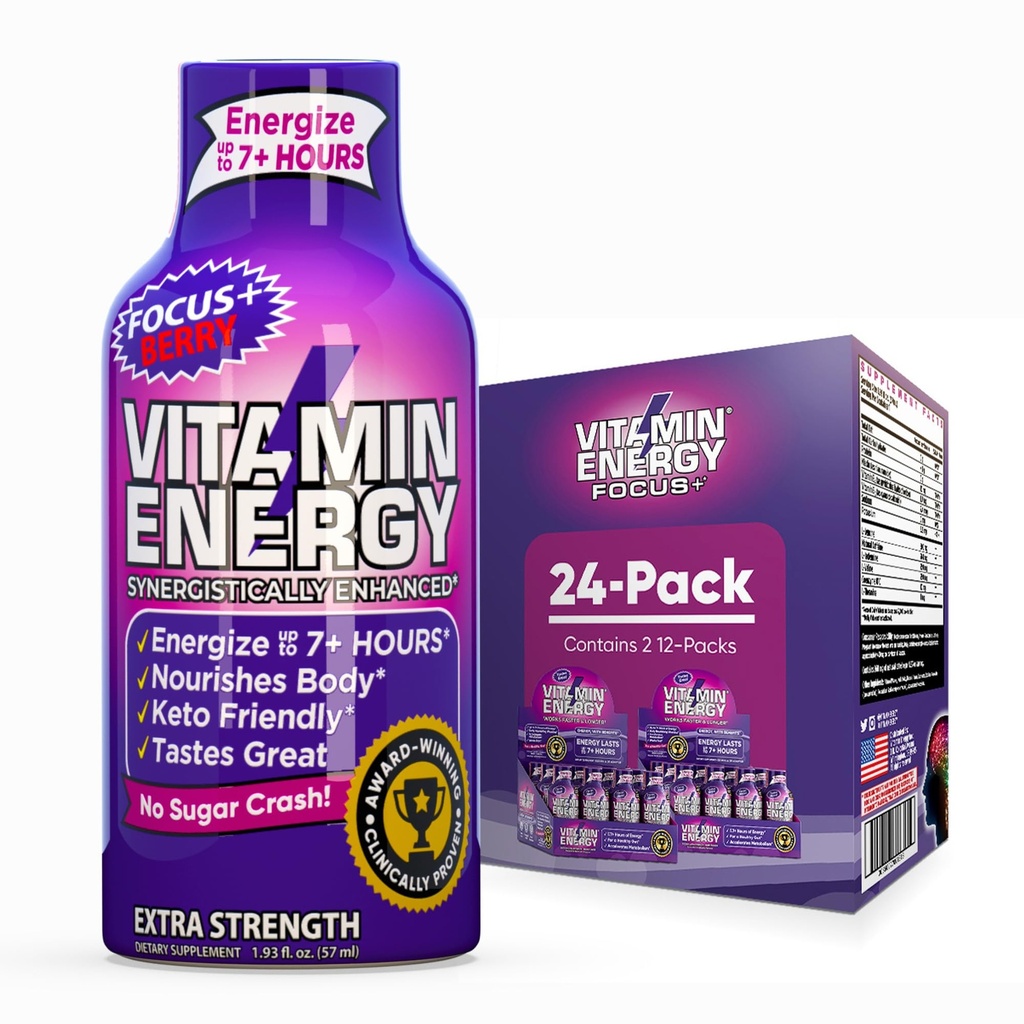 Vitamin energi fokus + Extra styrke energi Shot Berry 24 Pack, 260 mg naturlig koffein, B-vitaminer, CoQ10, Aminosyrer, fokus, produktivitet og klarhet, null sukker, glutenfri, 1,93 fl oz