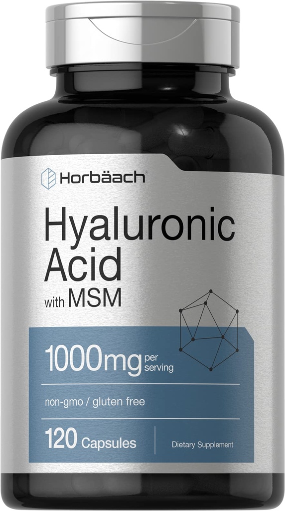 Horbäach Hyaluronsyre med MSM | 1000 mg | 120 kapsler ikke-GMO og glutenfri Supplement | Biotilgjengelig formel