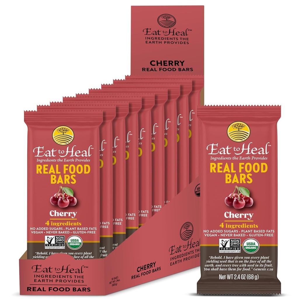 EatToHeal Cherry Real Food Bar - Organisk Vegan Sunn Glutenfri Protein Barer - Lavt sukkermåltid Erstatning Bar, Ikke GMO, aldri bakt, Plant Basert - Utformet for å nyte, ikke sitte på hyller