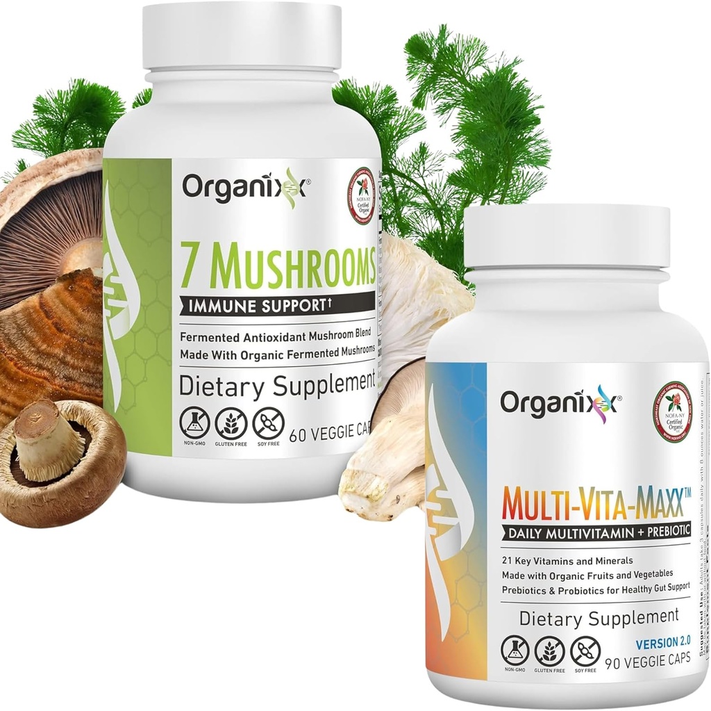 Organixx 7 Mushroom Organic Mushroom Supplement (60 Vegetarisk Kapsel) & Multi-Vita-Max Hel mat Multivitamin (90 Gel Kapsler)