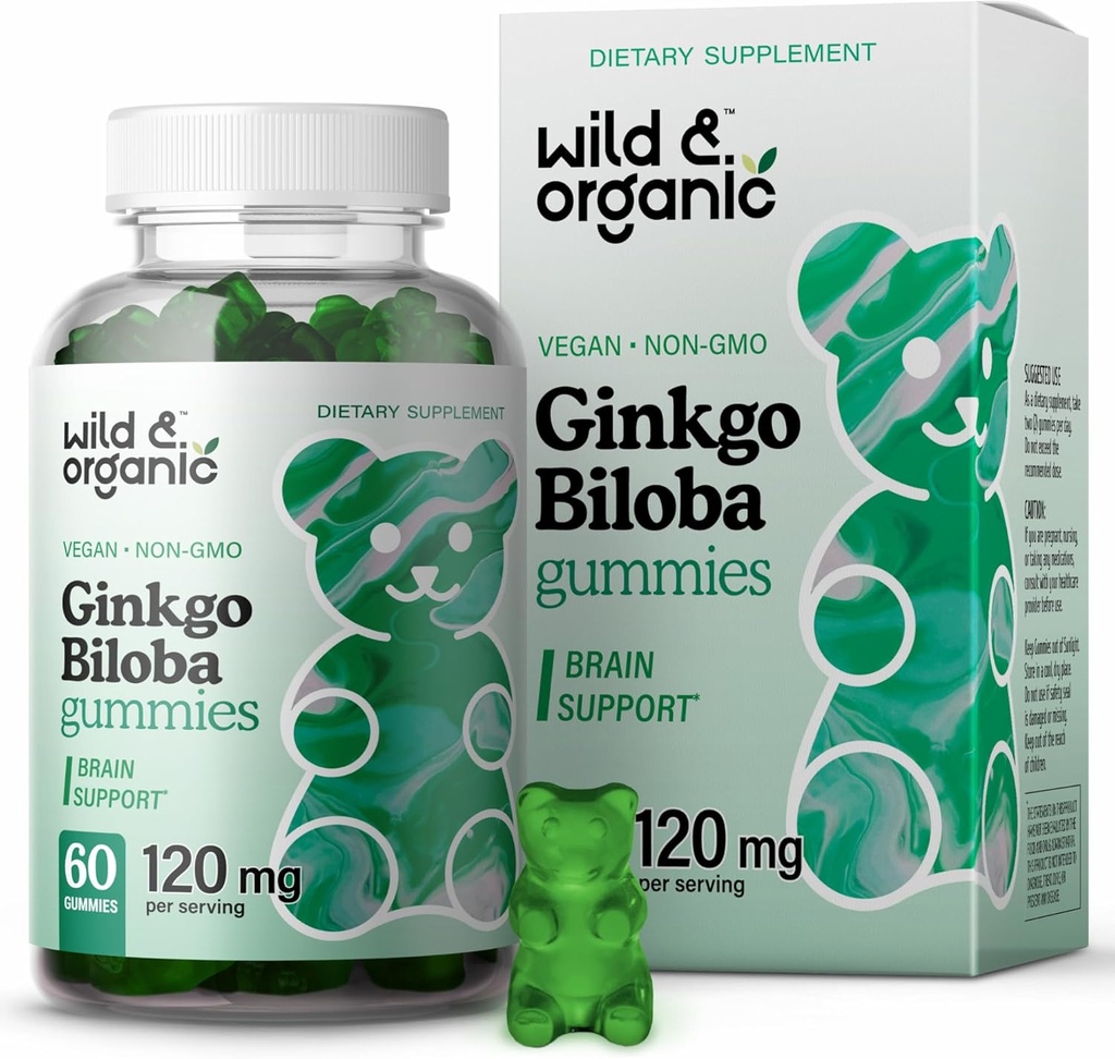 Wild & Organic Gingko Biloba 120 mg Gummies - Brain Support and Focus Supplement m/Ginkgo Biloba Extract - Vegansk, Ikke-GMO - 60 Pektin-baserte Herbal Chewables