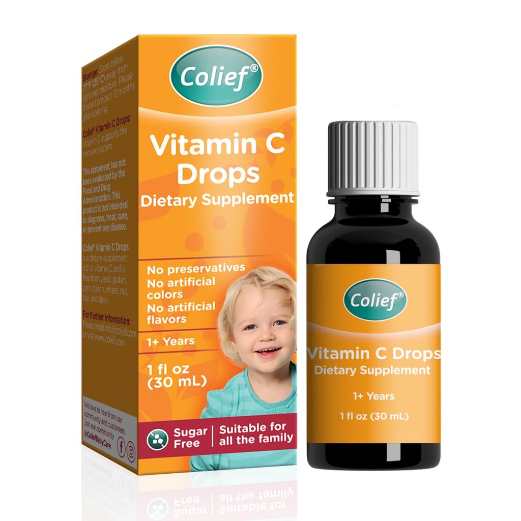 Colief Vitamin C-dråper for babyer | Daglig immunstøtte for spedbarn alder + 1 | Daglig dagbok, gluten og preservativ | Støtter utvikling av sunne bein og tenner | 600 dråper