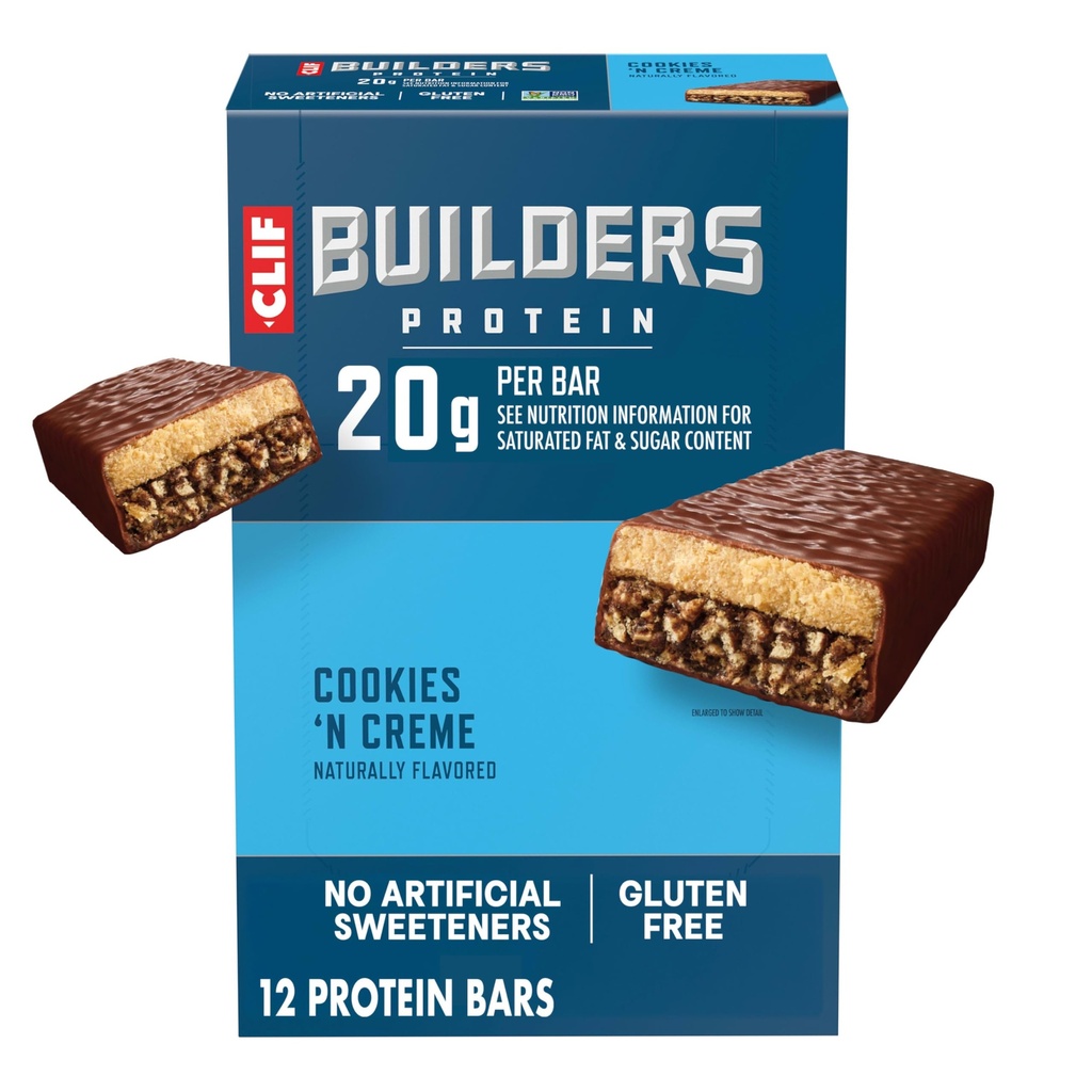 CLIF BUILDERS Protein Barer - Cookies 'n Cream Flavor - 20g Plant Basert Protein - Glutenfri - Ikke-GMO - Lav glykemisk - Ingen kunstige søtningsmidler - 2.4 oz. (12 Pack)