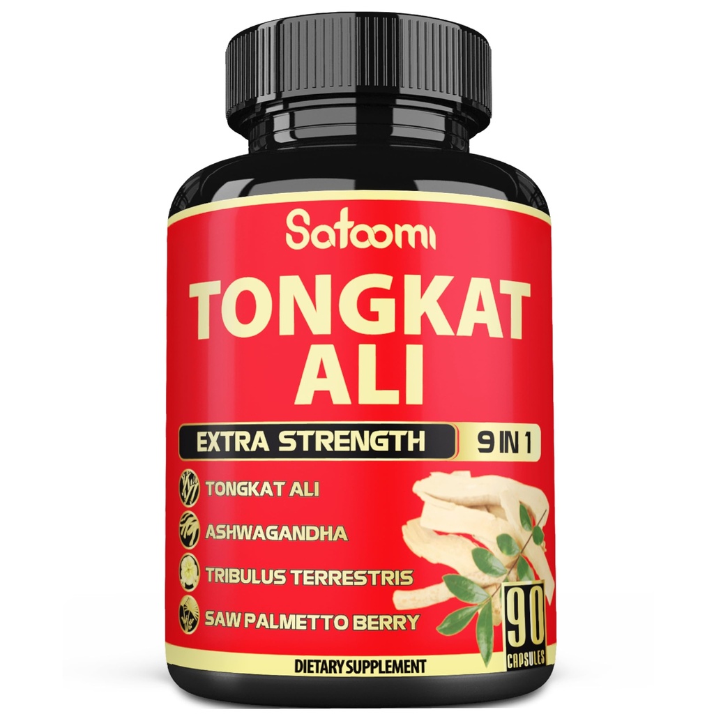 Satoomi 9in1 Tongkat Ali Root Extract - Ashwagandha, Tribulus Terrestris - 90 kapsler i 3 måneder - støttestyrke, energi og sunn immunforsvar