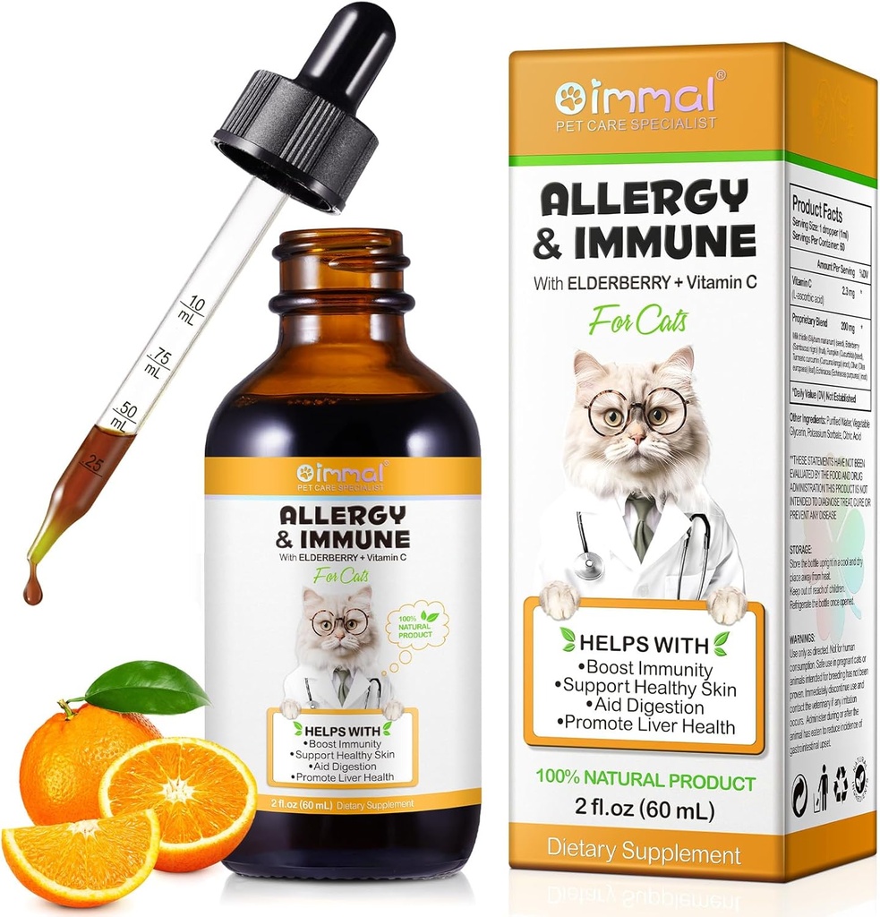 Allergi relief Drops for katter, Cat Allergy Immune Booster behandling for sesongmessige allergier og digestiv, sunn lever og immunsystem, Cat Herb Supplement med vitamin C, Kylling Flavor - 60ml/2fl.oz