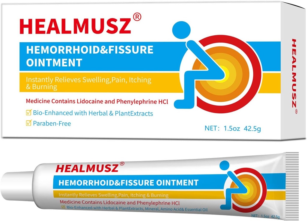 HEALMUSZ Hurtig relief hemorroide krem med 4% Lidocain krem og 0,25% Phenylephrine HCI for raskvirkende lindring av smerte, hevelse, nedkjøling og kløe (1,5 oz)