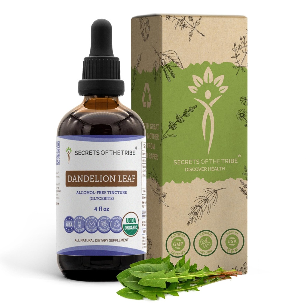 Hemmeligheter av Tribe Dandelion Leaf USDA Økologisk | Alkohol-fri ekstrakt, høy potens Herbal dråper | laget av 100% sertifiserte organiske Taraxacum Officinale Tørket Leaf 4 fl oz
