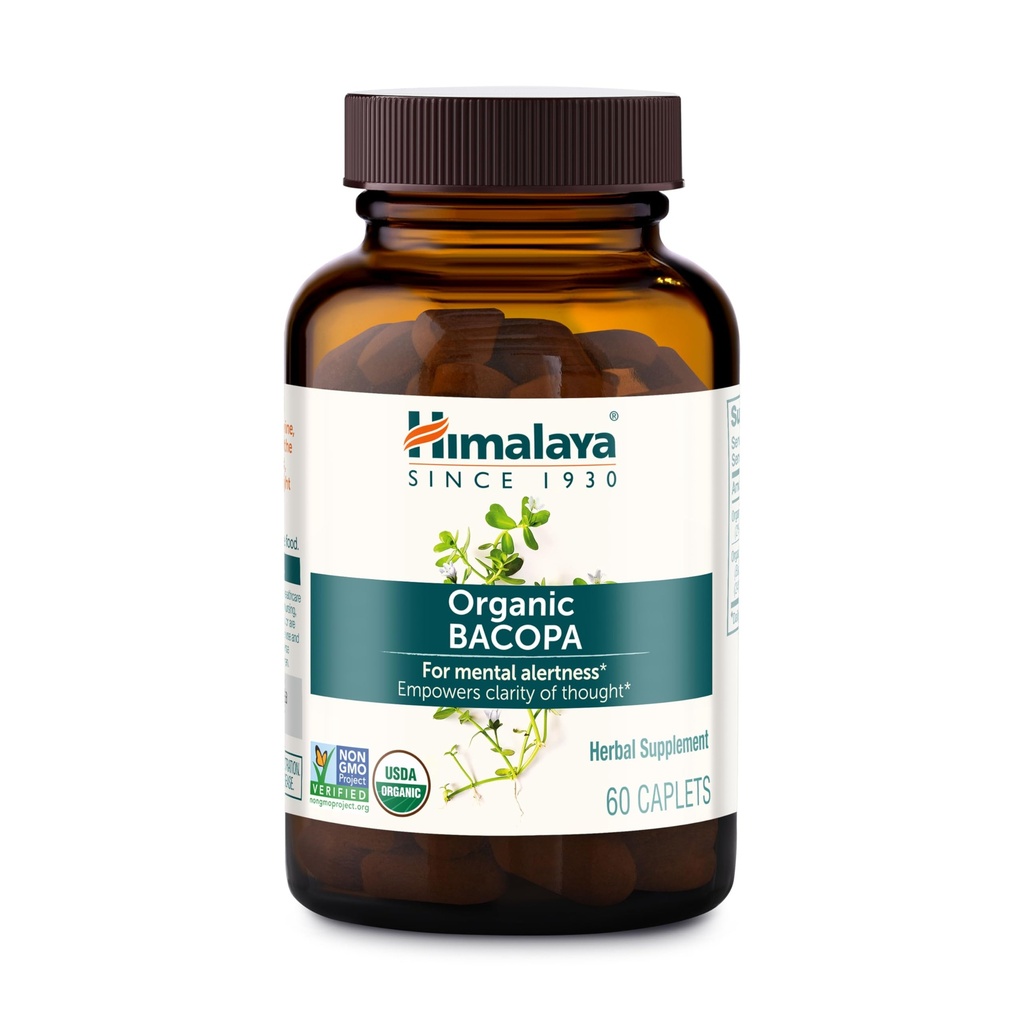 Himalaya Bacopa Monnieri Nootropic Herbal Supplement, Støtter rolig, minne, kognisjon, USDA-sertifisert organisk, ikke-GMO, 750 mg, 60 plantebaserte kapell, 60 dagers forsyning